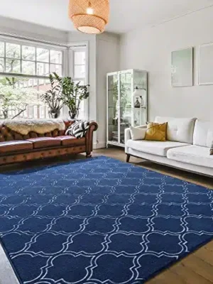 Amearea Fluffy Indoor Trellis Rug, Soft Fuzzy Geometry Rugs for Living Room, Shaggy Modern Area Rug for Bedroom Kids Room Dorm, Easy Clean, Home Farmhouse Decor Low Pile Carpet, Navy Blue 4×6 Feet