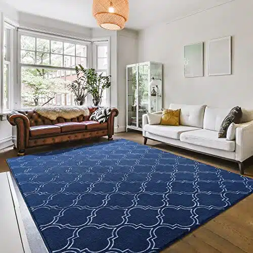 Amearea Fluffy Indoor Trellis Rug, Soft Fuzzy Geometry Rugs for Living Room, Shaggy Modern Area Rug for Bedroom Kids Room Dorm, Easy Clean, Home Farmhouse Decor Low Pile Carpet, Navy Blue 4×6 Feet