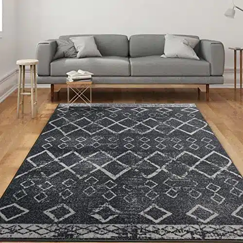 (Non-Slip) 8×10 Rubber Back Bohemian Distressed Moroccan Boho Low Pile Profile Indoor Area Rug (Charcoal Gray, 7’10” x 10′)