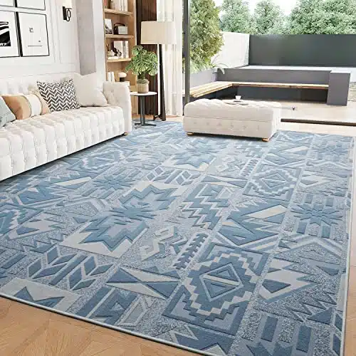 Area Rug 5×7 Feet-Southwestern Moroccan Aztec Tribal Rug Carpet-Boho Rugs for Living Room Bedroom-Machine Washable Non Slip 3D Woven-Blue