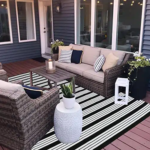 Black and White Area Rug 4′ x 6′ Outdoor Patio Rug Front Porch Rug Cotton Hand-Woven Reversible Mats for Outdoor,Entryway,Laundry Room,Farmhouse,Kitchen (4′ x 6′)