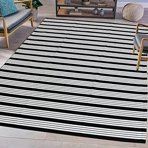 Black and White Area Rug 4′ x 6′ Outdoor Patio Rug Front Porch Rug Cotton Hand-Woven Reversible Mats for Outdoor,Entryway,Laundry Room,Farmhouse,Kitchen (4′ x 6′)