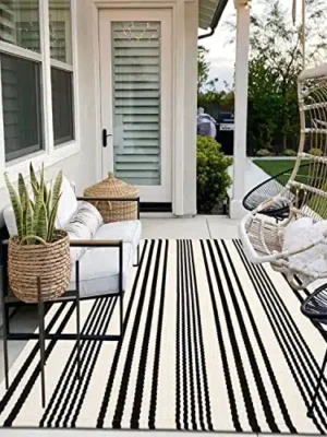 Black and White Indoor Outdoor Rug, 5’x8’ Cotton Striped Reversible Washable Modern Farmhouse Rug, Hand-Woven Large Patios Area Rug Carpet Mat for Clearance Bedroom Living Room Balcony Decor