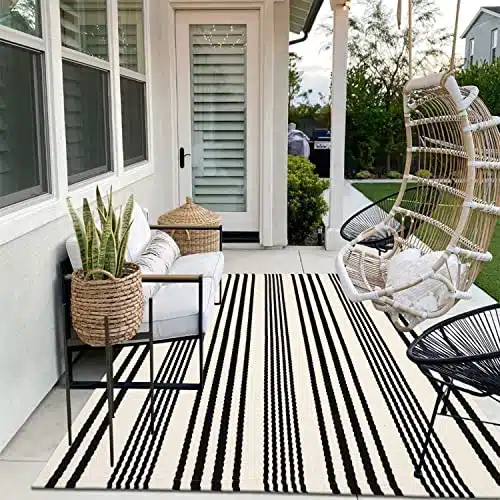 Black and White Indoor Outdoor Rug, 5’x8’ Cotton Striped Reversible Washable Modern Farmhouse Rug, Hand-Woven Large Patios Area Rug Carpet Mat for Clearance Bedroom Living Room Balcony Decor