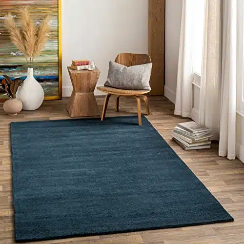 Brockton Solid Wool Modern Farmhouse Area Rug – Suitable for Living Room Bedroom -%100 Wool – Single Color – Hand Loomed – Medium Pile – Dark Blue, Light Black – 5′ x 8′