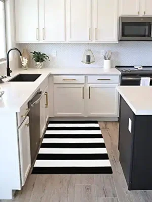 EARTHALL Black and White Striped Rug 27.5 x 43 Inches Cotton Hand-Woven Reversible Foldable Washable Black and White Outdoor Rug Stripe for Layered Door Mats Porch/Front Door Black Rug