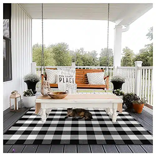 EARTHALL Buffalo Plaid Outdoor Rug 4’x 6′, Cotton Hand-Woven Checkered Door Mat, Reversible Foldable Washable Outdoor Rug Stripe for Layered Door Mats Porch/Front Door