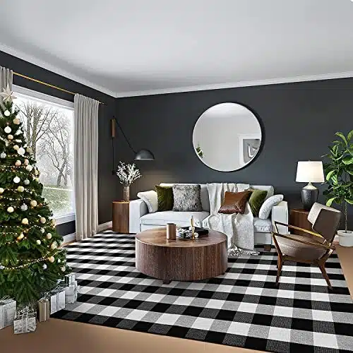 EARTHALL Buffalo Plaid Rugs 8’x10′, Black and White Area Rug, Cotton Hand-Woven Checkered Area Rug, Washable Outdoor Rug Farmhouse/Front Porch/Living Room/Laundry Room/Bedroom (91”x120”)