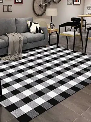 HOYIJA Buffalo Plaid Outdoor Rug 5′ x 7′ Black and White Checkered Rug,Cotton Hand-Woven Indoor or Outdoor Check Large Area Rugs, Washable Rugs for Living Rooms/Dining Room/Bedroom/Farmhouse