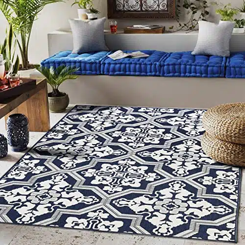 Indoor Outdoor Balcony Tile Area Rug (Washable, Stain-Resistant, Easy to Clean Carpet) (8’x10′, Navy Blue)