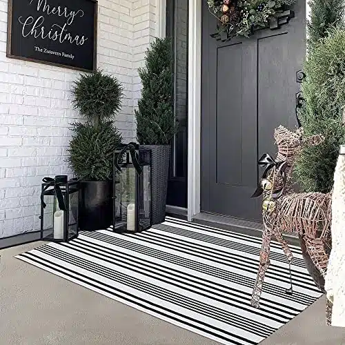 KaHouen Black and White Striped Outdoor Rug 27.5″x43″, Front Porch Rug, Hand Woven Cotton Washable Striped Layered Doormats for Layered Door Mats Porch/Kitchen/Laundry Room/Farmhouse/Entryway