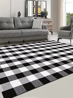 LHLJOYU Buffalo Plaid Rug Black and White Check Rugs Extra Large 5′ x 7′ Machine Washable Carpet Retro Lattice Checkered Outdoor Rug for Living Room Dining Room Bedroom Farmhouse(Plaid, 5′ x 7′)