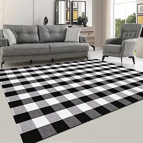 LHLJOYU Buffalo Plaid Rug Black and White Check Rugs Extra Large 5′ x 7′ Machine Washable Carpet Retro Lattice Checkered Outdoor Rug for Living Room Dining Room Bedroom Farmhouse(Plaid, 5′ x 7′)