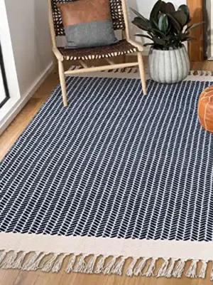 Lahome Boho Bedroom Rug, 3×5 Kitchen Rug Lightweight Rugs for Entryway Living Room Woven Washable Area Rug with Tassels, Farmhouse Navy Blue Throw Rug Non-Shedding Floor Carpet for