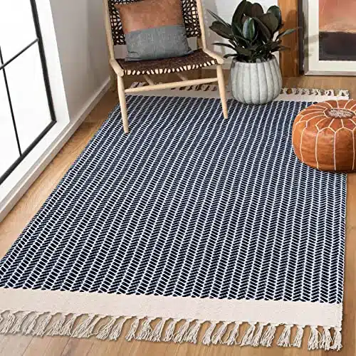 Lahome Boho Bedroom Rug, 3×5 Kitchen Rug Lightweight Rugs for Entryway Living Room Woven Washable Area Rug with Tassels, Farmhouse Navy Blue Throw Rug Non-Shedding Floor Carpet for