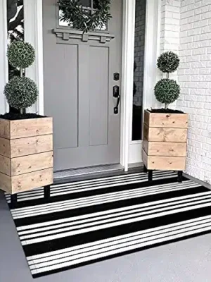 OJIA Black and White Outdoor Rug 3 x 5 ft Cotton Hand-Woven Striped Rug Machine Washable Indoor/Outdoor Area Rug Front Door Floor Mat for Farmhouse/Porch/Living Room