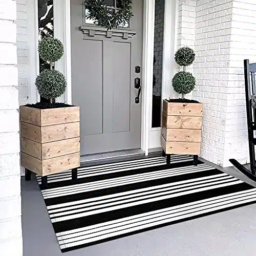 OJIA Black and White Outdoor Rug 3 x 5 ft Cotton Hand-Woven Striped Rug Machine Washable Indoor/Outdoor Area Rug Front Door Floor Mat for Farmhouse/Porch/Living Room