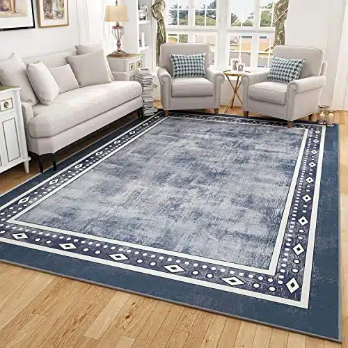 PADOOR Area Rug for Living Room Bedroom – 5×7 Feet Neutral Rug with Non-Slip Latex Backing Non Shedding Loop Pile for Dining Room Office Home Decor Navy Blue