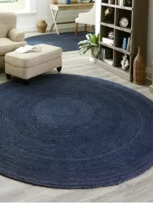 Round Handwoven Jute Area Rug Natural Yarn – Rustic Vintage HandBraided Rug – Eco Friendly Rugs for Farmhouse,Living Room, Kitchen, Dinning, Hallway, Bedroom, Indoor & Outdoor (Blue, 2 x 2 ft)