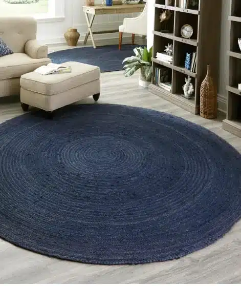 Round Handwoven Jute Area Rug Natural Yarn – Rustic Vintage HandBraided Rug – Eco Friendly Rugs for Farmhouse,Living Room, Kitchen, Dinning, Hallway, Bedroom, Indoor & Outdoor (Blue, 2 x 2 ft)