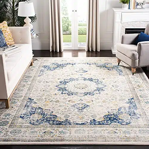 SAFAVIEH Evoke Collection Area Rug – 8′ x 10′, Ivory & Blue, Shabby Chic Oriental Medallion Design, Non-Shedding & Easy Care, Ideal for High Traffic Areas in Living Room, Bedroom (EVK220C)