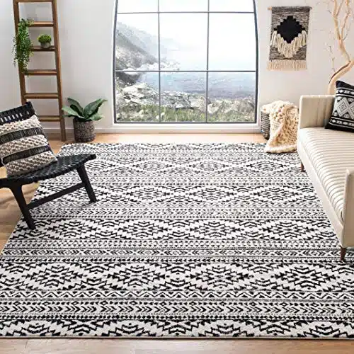 SAFAVIEH Tulum Collection Area Rug – 8′ x 10′, Ivory & Black, Moroccan Boho Tribal Design, Non-Shedding & Easy Care, Ideal for High Traffic Areas in Living Room, Bedroom (TUL272B)