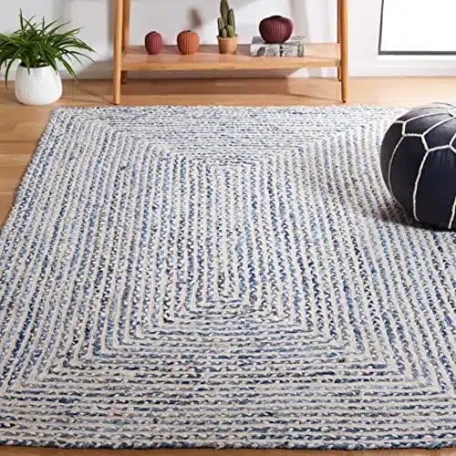 Safavieh Braided Collection Accent Rug – 4′ x 6′, Blue & Ivory, Handmade Farmhouse Cotton, Ideal for High Traffic Areas in Entryway, Living Room, Bedroom (BRD260M)