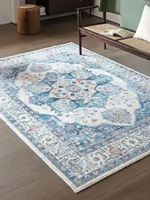 Vowkten 6×9 Area Rugs Machine Washable Boho Rug Non-Slip Persian Vintage Low Pile Rugs for Living Room, Bedroom, Farmhouse, Dining Room, Kids Playroom Blue