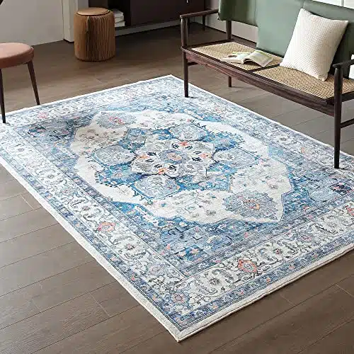 Vowkten 6×9 Area Rugs Machine Washable Boho Rug Non-Slip Persian Vintage Low Pile Rugs for Living Room, Bedroom, Farmhouse, Dining Room, Kids Playroom Blue