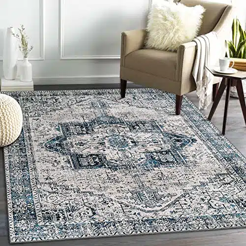 Wonnitar Oriental Washable 3×5 Area Rug,Non-Slip Distressed Entryway Throw Mat,Retro Medallion Ultra-Thin Small Living Room Rug Floor Carpet for Kitchen Dining Table Entry,Blue