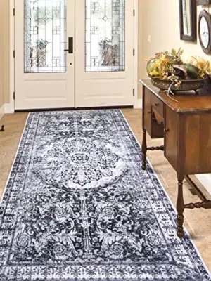 YJ.GWL Area Rug 2×6, Washable Hallway Runner Rug, Non-Slip Entryway Laundry Rug Runner, Non Shedding Floor Carpet Vintage Rugs for Hallway Bedroom Kitchen Bathroom, Navy Blue