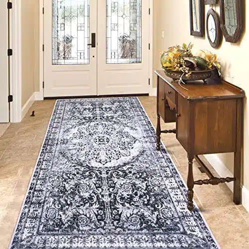 YJ.GWL Area Rug 2×6, Washable Hallway Runner Rug, Non-Slip Entryway Laundry Rug Runner, Non Shedding Floor Carpet Vintage Rugs for Hallway Bedroom Kitchen Bathroom, Navy Blue