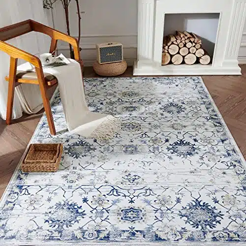 jinchan Area Rug 5×7 Washable Rug Kitchen Navy Blue Floral Print Rug Farmhouse Indoor Accent Rug Boho Floor Cover Foldable Thin Rug Non Slip Soft Bath Mat for Bedroom Living Room Dining Room