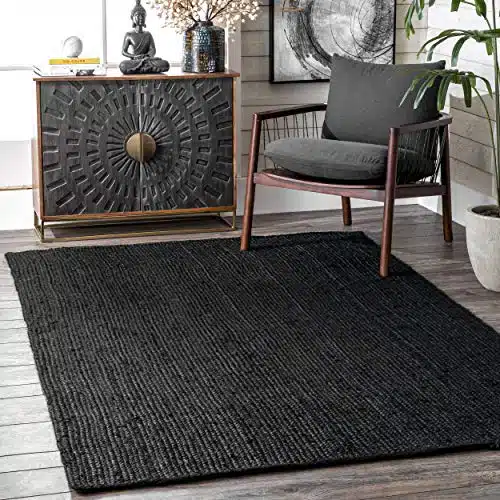 nuLOOM Rigo Hand Woven Farmhouse Jute Area Rug, 6′ x 9′, Black